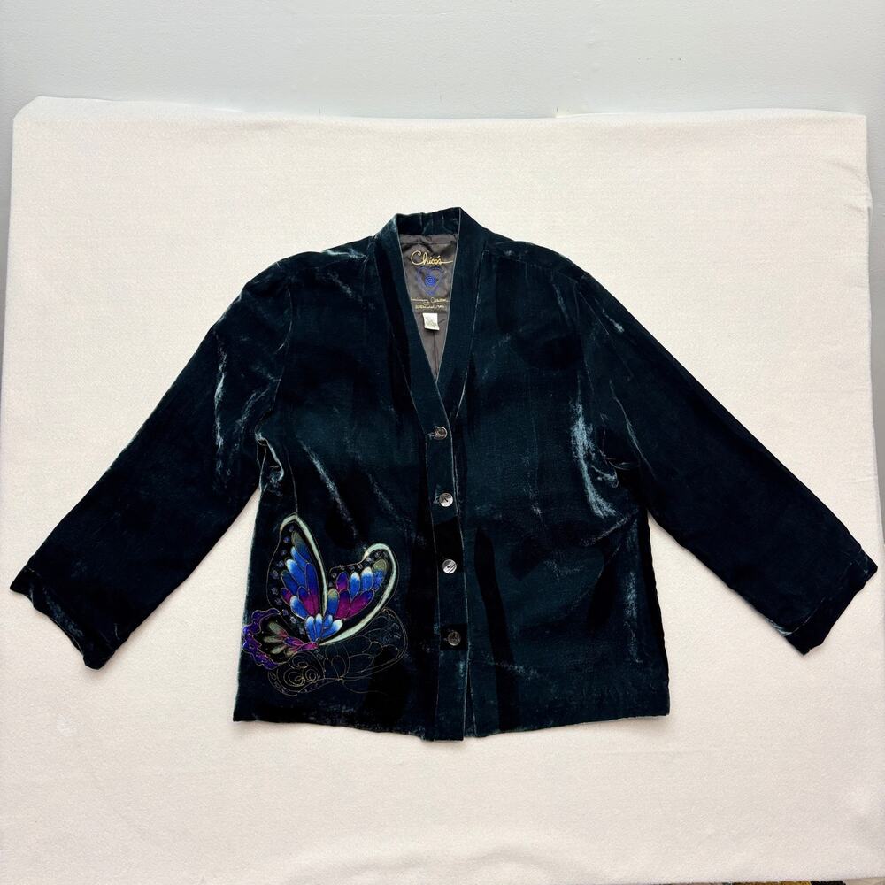 Chicos Green Silk & Velvet Painted Butterfly Kimono Blazer Jacket Size 2 (L/12) - Picture 5 of 12
